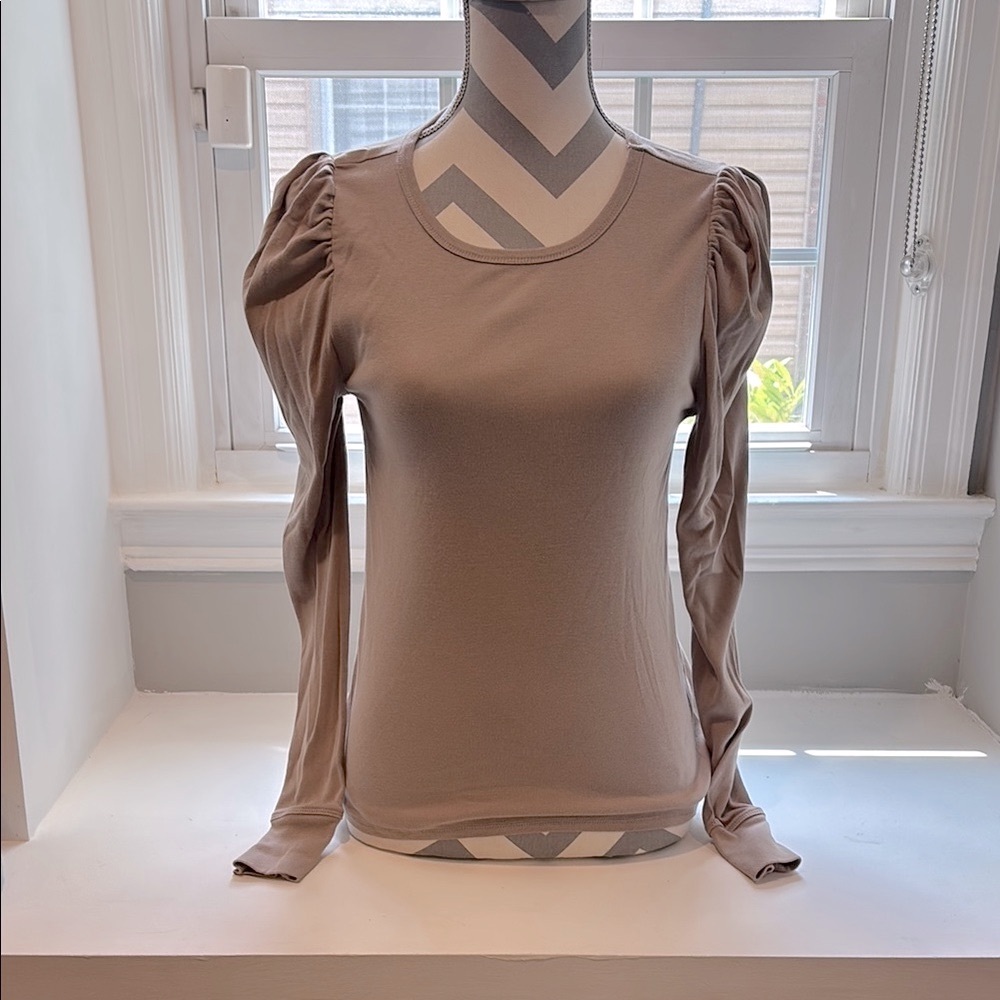 Splendid Taupe Puff Sleeve Knit Top